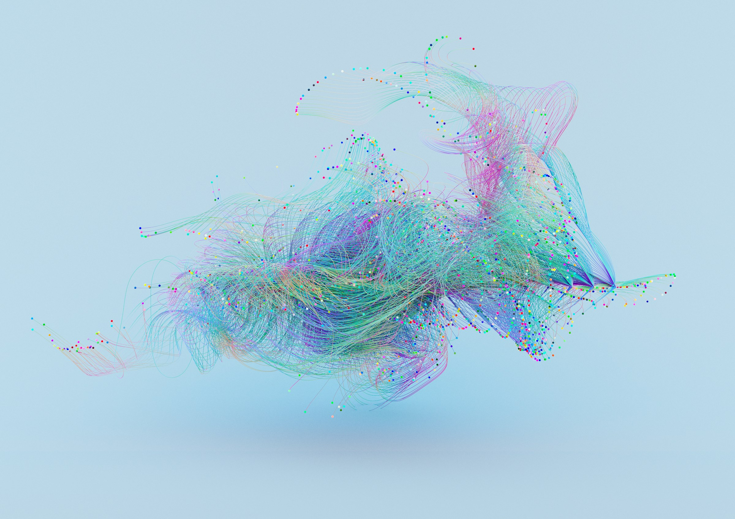 Abstract visualization of flowing colorful data strands and neural connections representing an organization's digital maturity and AI integration.